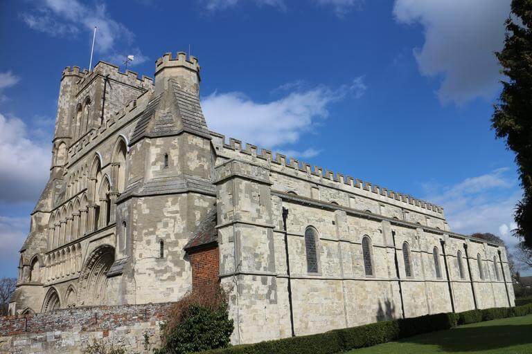 The Dunstable Priory or church from the side in Bedfordshire, England.
