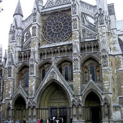 The front of the Westminster Abbey, a gothic church in London.